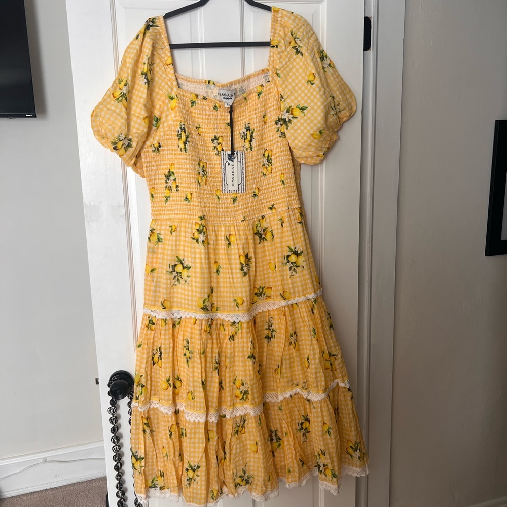 JessaKae Yellow Gingham Floral Midi Dress